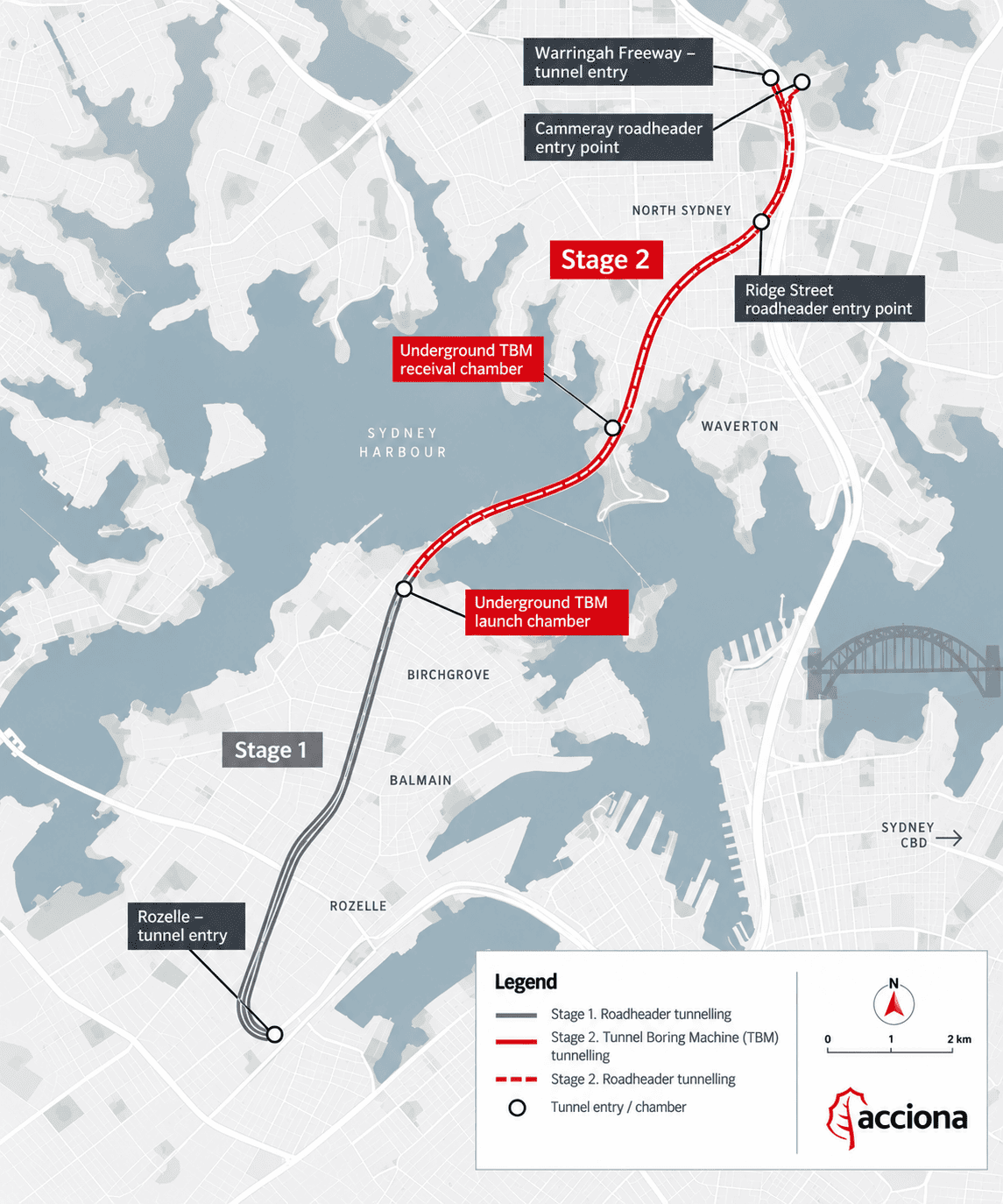 Map of the Western Harbour Tunnel alignment across Sydney Harbour. Stage 1 runs from the Rozelle tunnel entry north-east beneath Balmain to an underground tunnel boring machine launch chamber at Birchgrove. Stage 2 continues by tunnel boring machine beneath Sydney Harbour to a receival chamber near Waverton, then by roadheader north through North Sydney and Ridge Street to tunnel entries at Cammeray and the Warringah Freeway.